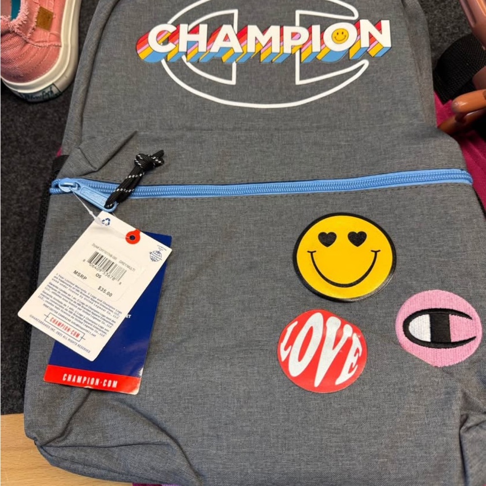 Champion Grey Backpack with Rainbow Logo and Patch Accents